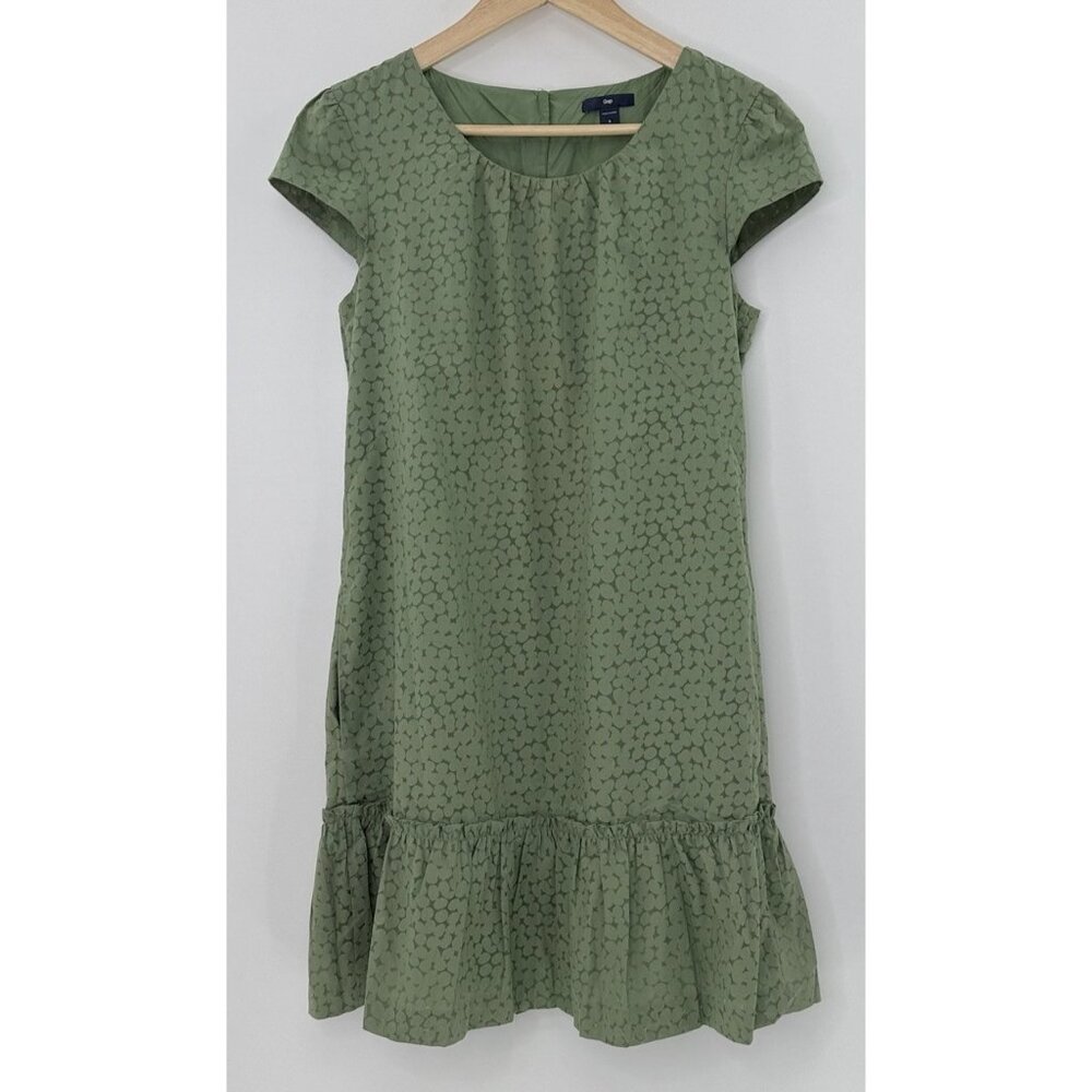 GAP‎ Women’s Sage Green Ruffled Hem Lined Sheath Dress Sz Sm Preppy Academia
